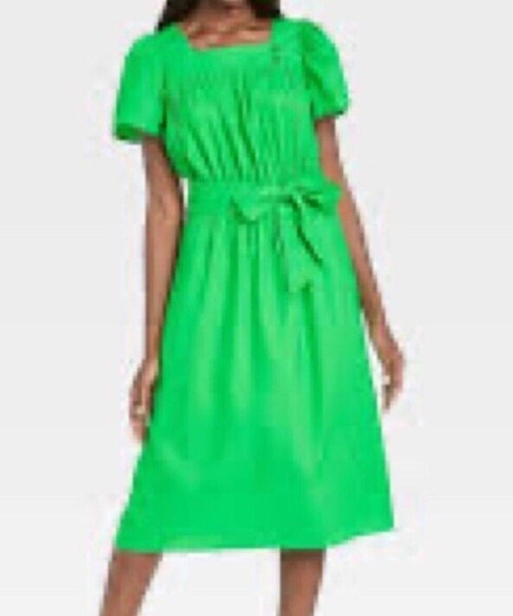 Who What Wear XXL 1x 18 Green Linen Blend Midi Dress Retro Square Neck Pockets